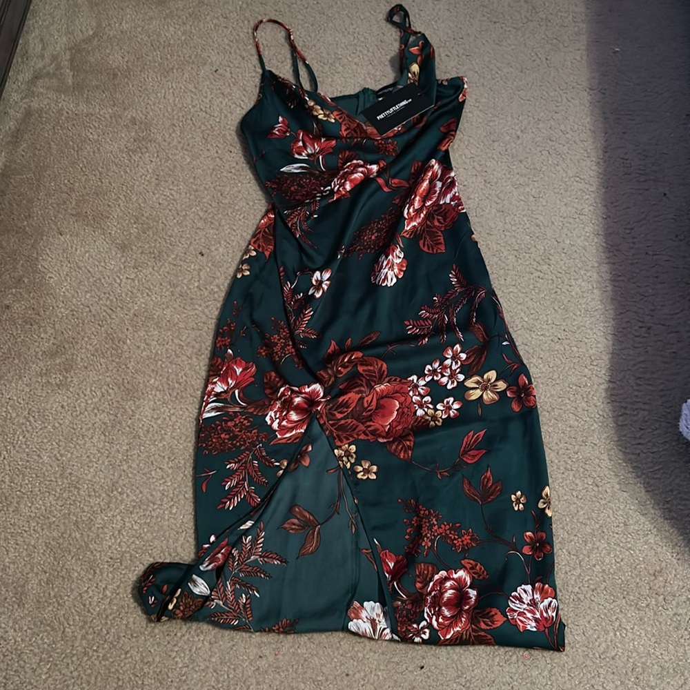 Emerald green cow, neck, floral strap satin dress